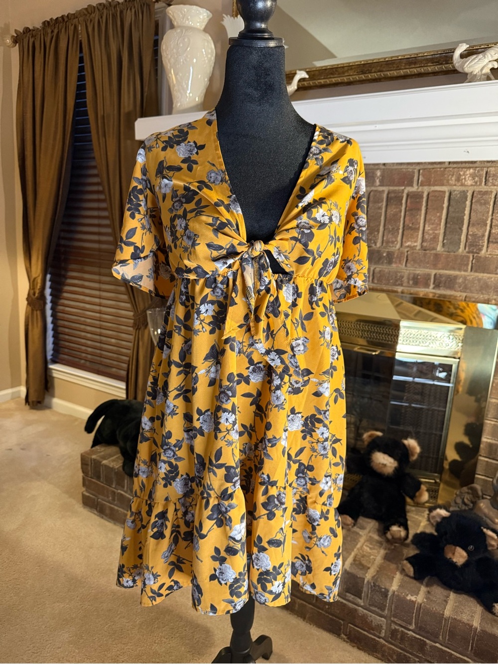 SHEIN Mustard Floral Tie-Front High-Low Dress